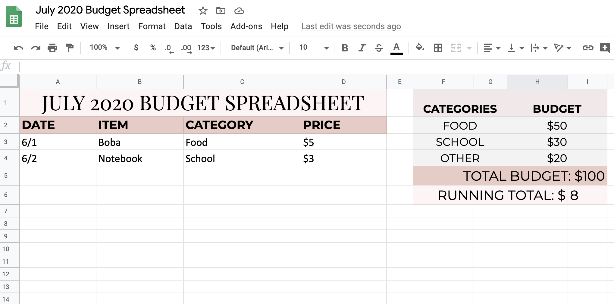 example of budget spreadsheet on saving money